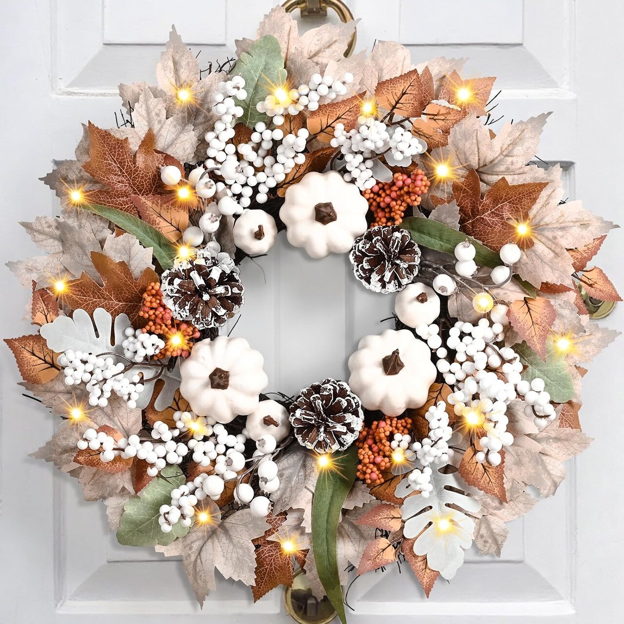 20 Inch Fall Wreaths for Front Door with White Pumpkins